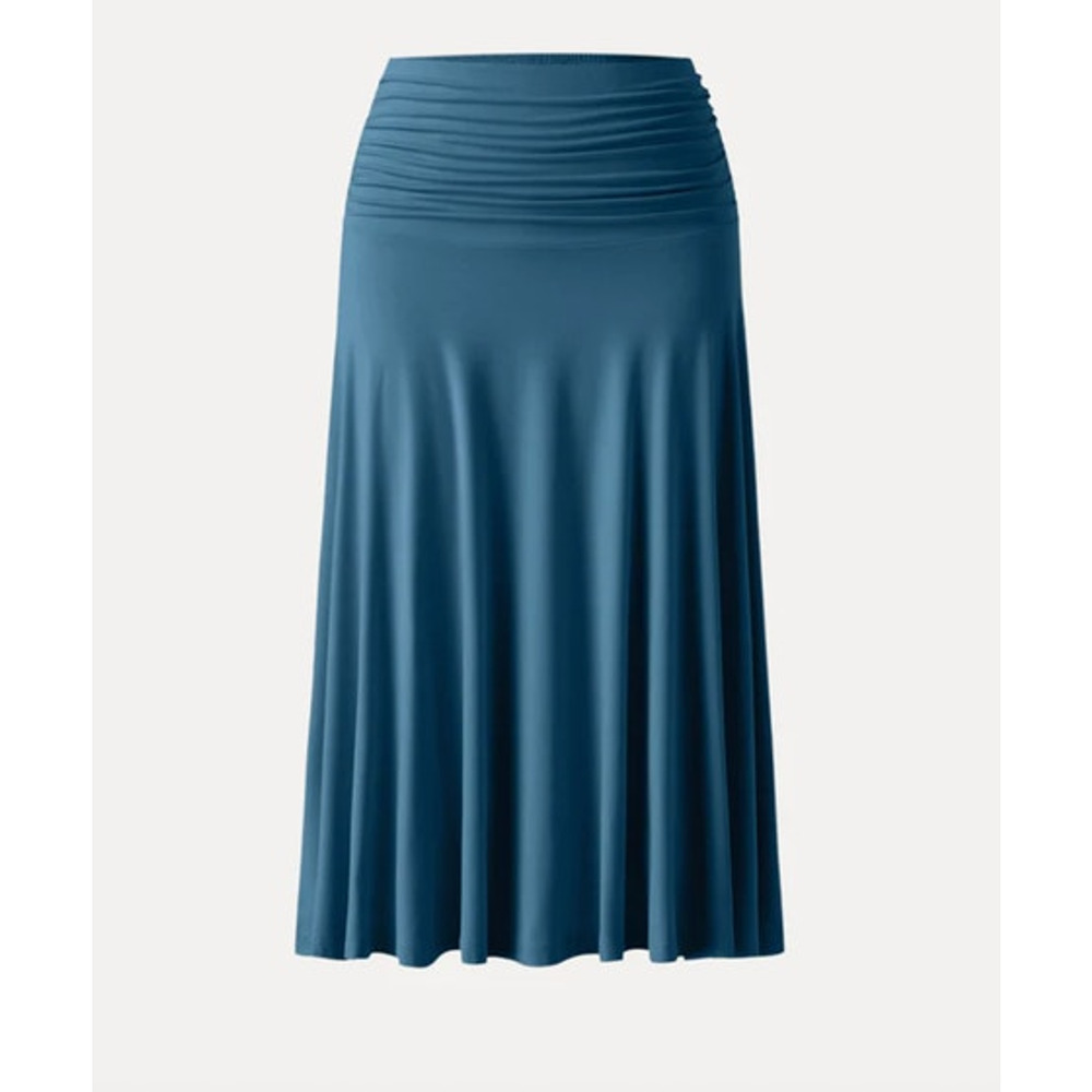 OGL Skirt Size S NEW Flowy Side Ruched A-line Midi Skirt EcoSkinKiss Marine Blue - Picture 3 of 11